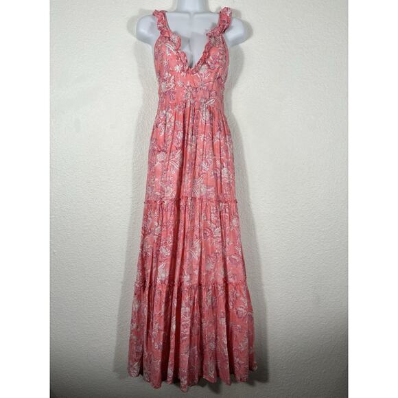 Madison Mathews Maxi Dress Women’s Size M Pink Sleeveless Floral Cotton VNeck